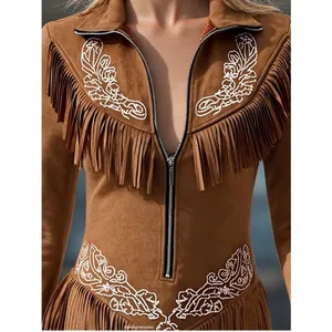 Oyrosy Vintage Western Style Embroidered Tassel LS Suede Mini Dress Brown L NWT thumbnail 3
