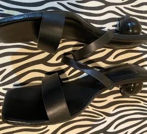 H by Halston Black Square-Toe Sandals with Sculpted Ball Heels thumbnail 1