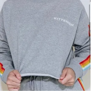 Kittenish Grey Cropped Sweatshirt Rainbow Stripe Sleeve Lounge‎ Athleisure M thumbnail 3