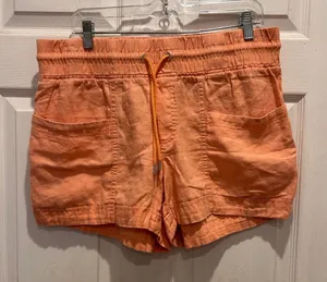 Athleta Cabo Linen Blend Shorts‎ Peach Orange Drawstring Elastic Waist 4" Sz 12 thumbnail 1