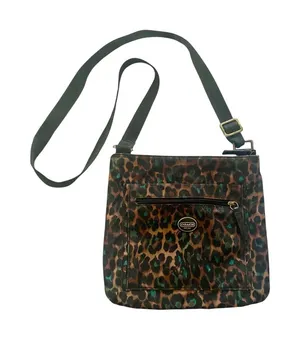 COACH-CHEETAH PRINT NYLON CROSSBODY BAG NO H1376-F77479 Coach crossbody with bold leopard print. Compact silhouette with adjustable shoulder strap. Front zip pocket and main compartment for essentials. Gold-tone logo plaque and hardware accents, front zip pocket, back slip pocket with magnetic closure, adjustable strap, great condition Measures:19.5x9.5 inches thumbnail 1