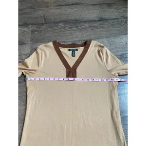 EUC Womens Lauren Ralph Lauren 100% cotton suede trim vneck‎ top size L thumbnail 8