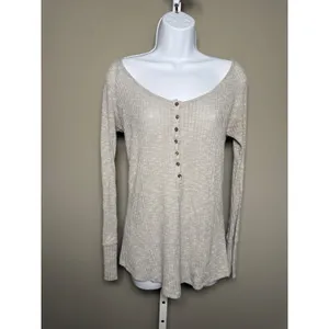 Neutral‎ Ribbed Henley Long Sleeve Top Soft Minimal Boho M Coastal thumbnail 2
