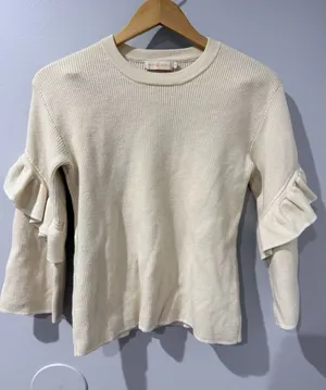 Tory Burch Ashley Ruffled Bell Sleeves Pullover Knit‎ Sweater Wool Ivory Small D thumbnail 1