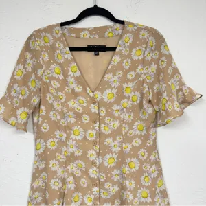 Lulus Tan Daisy Print Mini Summer Dress Mini Womens XS Casual Button Down Spring thumbnail 3