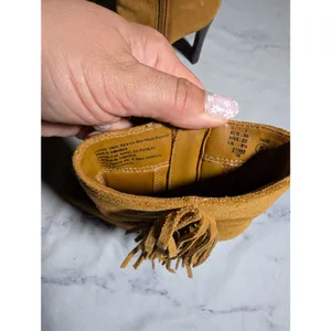 Vtg 1990s Predictions Brown Suede Fringe Trim Block Heel Square Toe Midi Boots 5 thumbnail 4