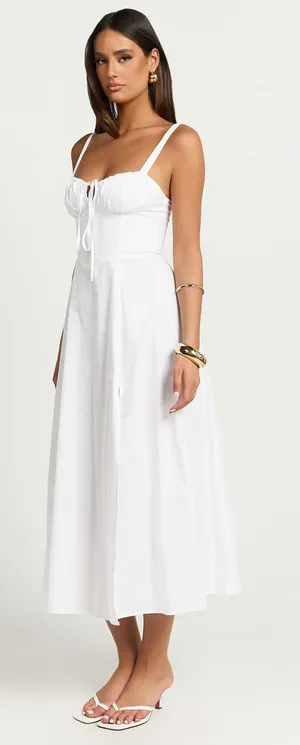 New Showpo MAIYA Midi Dress Tie Front Fitted Bodice Dress In White Size 4 thumbnail 1