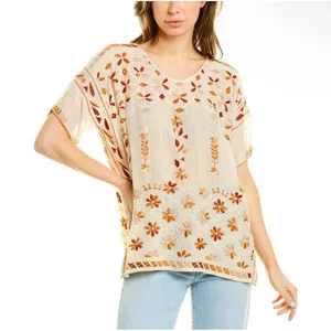 Johnny Was Aubrey‎ Blouse Small Cream Embroidered Floral Boho Peasant Top Tunic thumbnail 1