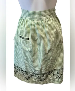 Vintage Green Check Cross Stitched Apron W/Pocket 2 Ways To Wear Top Tied Back thumbnail 1