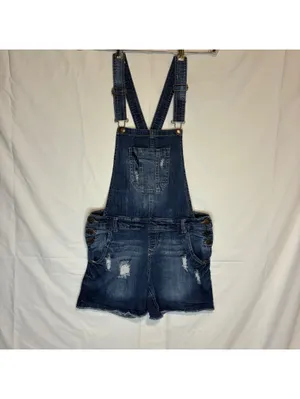 WallFlower Distressed Denim Y2K Overall Shorts Womens M Shortalls Dark Frayed thumbnail 7