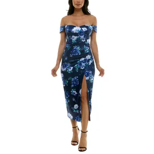 City Studios Womens Printed Off-The-Shoulder Dress Gown 5126AH9AT3 Navy Blue 12 thumbnail 6