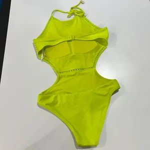 Aerie NWT Neon Green Jacquard Cut Out String One Piece Swimsuit Size Med thumbnail 10