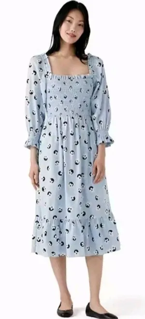 Kate Spade Sz XS Floral Dot Smocked Midi Dress Blue Puff Sleeve NWOT Cottagecore thumbnail 1
