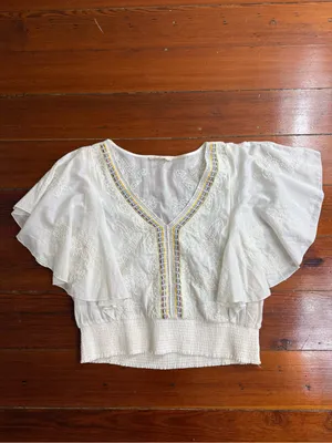 Anthropologie Floreat Aviana Embroidered Flutter Sleeve Smock Waist Top Sz L 💛🍄 thumbnail 6