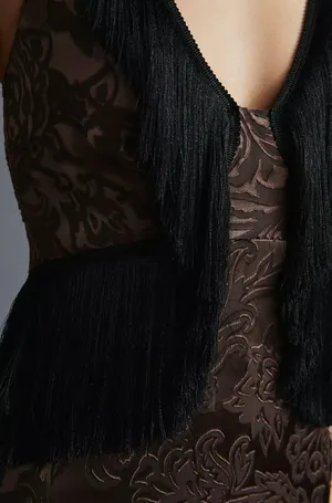 Anthropologie Brown Fringed Velvet Halter Dress thumbnail 4
