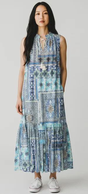 Chicos Blue Patchwork Tile Print Sleeveless‎ Maxi Dress Tiered Boho Sz 1 US 8/10 thumbnail 1