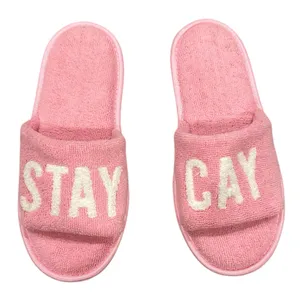 Mud Pie Pink White Terry Cloth Slide Slippers 'STAY CAY' Spellout 9 thumbnail 4