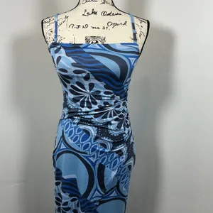Urban Outfitters Midi Dress XS Blue Psychedelic‎ Ruched Tulip Hem Excellent thumbnail 2