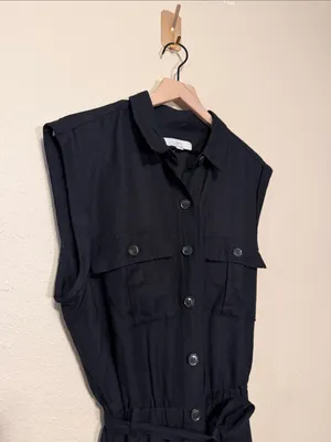 LOFT Black Linen Cap Sleeve Wide Leg Belted Jumpsuit Size XL thumbnail 4