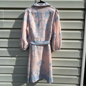 YOZY Pink Blue Palm Print Shirt Dress Belted Linen Blend Size L (8-10) thumbnail 4