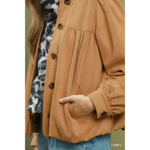 Umgee Suede Button Front Balloon Sleeve Jacket - Camel - medium thumbnail 4