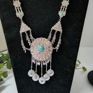 Western Boho Silver Turquoise Crackle Stone Necklace Earrings Set Blue thumbnail 2