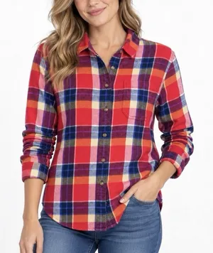 LL Bean Womens Red Blue Plaid Organic Cotton Flannel Button Shirt Size Medium thumbnail 1