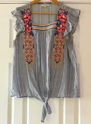 Entro Blue Embroidered Floral Tie‎ Front Flutter Sleeve Boho Blouse Large T11432 thumbnail 1