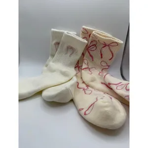 2 Pair Cream Pink Bow Crew Socks Coquette Balletcore Ribbed Knit Hosiery thumbnail 2