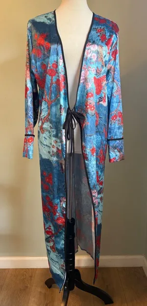 Blue Floral Duster robe Long Sleeve Maxi Kimono Robe Bird boho whimsi Sm dainty thumbnail 1