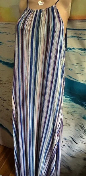 Caramela Striped Halter Maxi Dress in Blue White & Red MD thumbnail 1