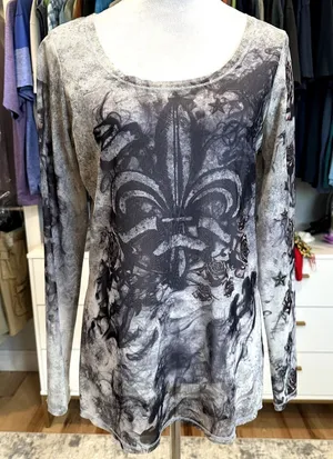 Rock & Republic Women's Fleur De Lis Gray Graphic Long Sleeve Mesh Top M thumbnail 1