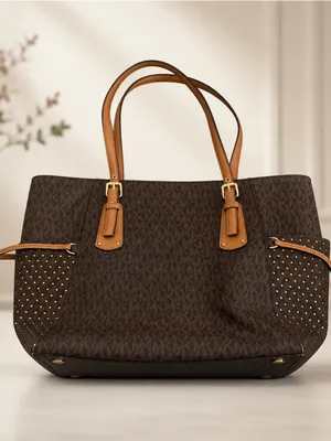 Michael Kors Tote East West Signature Jacquard Voyager Dark Brown Bag Purse thumbnail 3