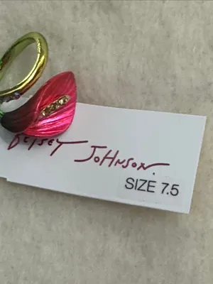 BETSEY JOHNSON CALLA LILY Pink Enamel Leaf Ring with Crystal Accents Sz 7 1/2 thumbnail 6
