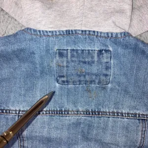 Mixed Media Denim Jacket Women S Blue Distressed Hooded Grunge Punk‎ y2k Stained thumbnail 7