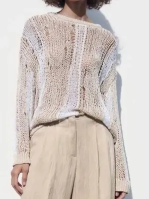 Zara Beige & White Distressed Crew neck Sweater(Size Small) thumbnail 2
