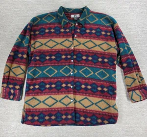 Vtg Aztec Southwest Fleece Shacket Womens Size Sm Red Green Pearl Button Up thumbnail 1