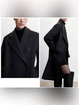 MANGO Double Breasted Pinstripe Long Wool Blend Coat Navy Dark Grey Women’s XXL thumbnail 2
