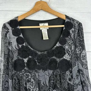 ICE Vintage Women XL Black Sheer 3/4 Sleeve Floral Blouse WhimsyGoth Feminine thumbnail 4