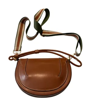 Saddle Bag Crossbody Cognac‎ Brown Striped Webbing Strap Boho Chic Handbag thumbnail 1