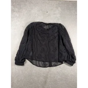 adrianna papell black sheer blouse button up black floral eyelet detail xl‎ thumbnail 7