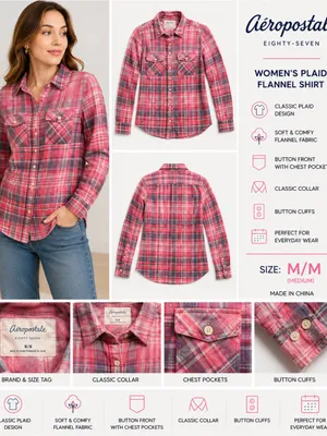 Aeropostale Women's Medium Pink and Coral Plaid Button-Up Shirt thumbnail 2