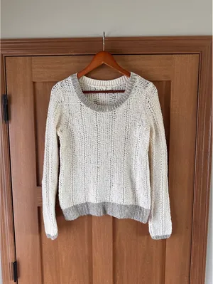 Anthropologie Moth Wool Blend Cream & Silver Knit Sweater Women’s Medium thumbnail 2