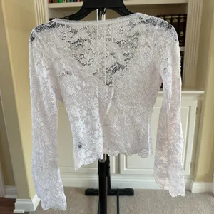 SHEIN Ruffle Trim Belle Sleeve Tie Front Lace Crop Top thumbnail 2