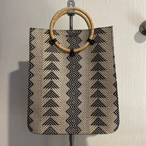 Wet Seal Geometric Woven Tote Bag Straw Black Tan Round Handle thumbnail 9