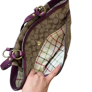 Vintage Brown Coach Signature Plum Berry Heritage Stripe Tote Shoulder-Bag Purse thumbnail 7