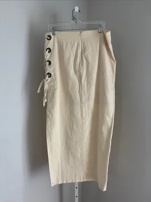VENUS Cream Linen Blend Midi Skirt with Side Grommet Tie Side Slit Women’s Sz 14 thumbnail 2
