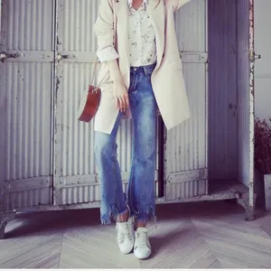 Bell leg fringe edge cropped washed denim thumbnail 5