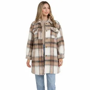 Coldwater Creek Oversized Plaid Midi Shacket Tan Cream Brushed Textured Jacket thumbnail 5
