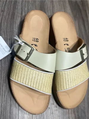 Birkenstock Women’s Two-Band Slide Sandals in Cream and Natural Woven thumbnail 9